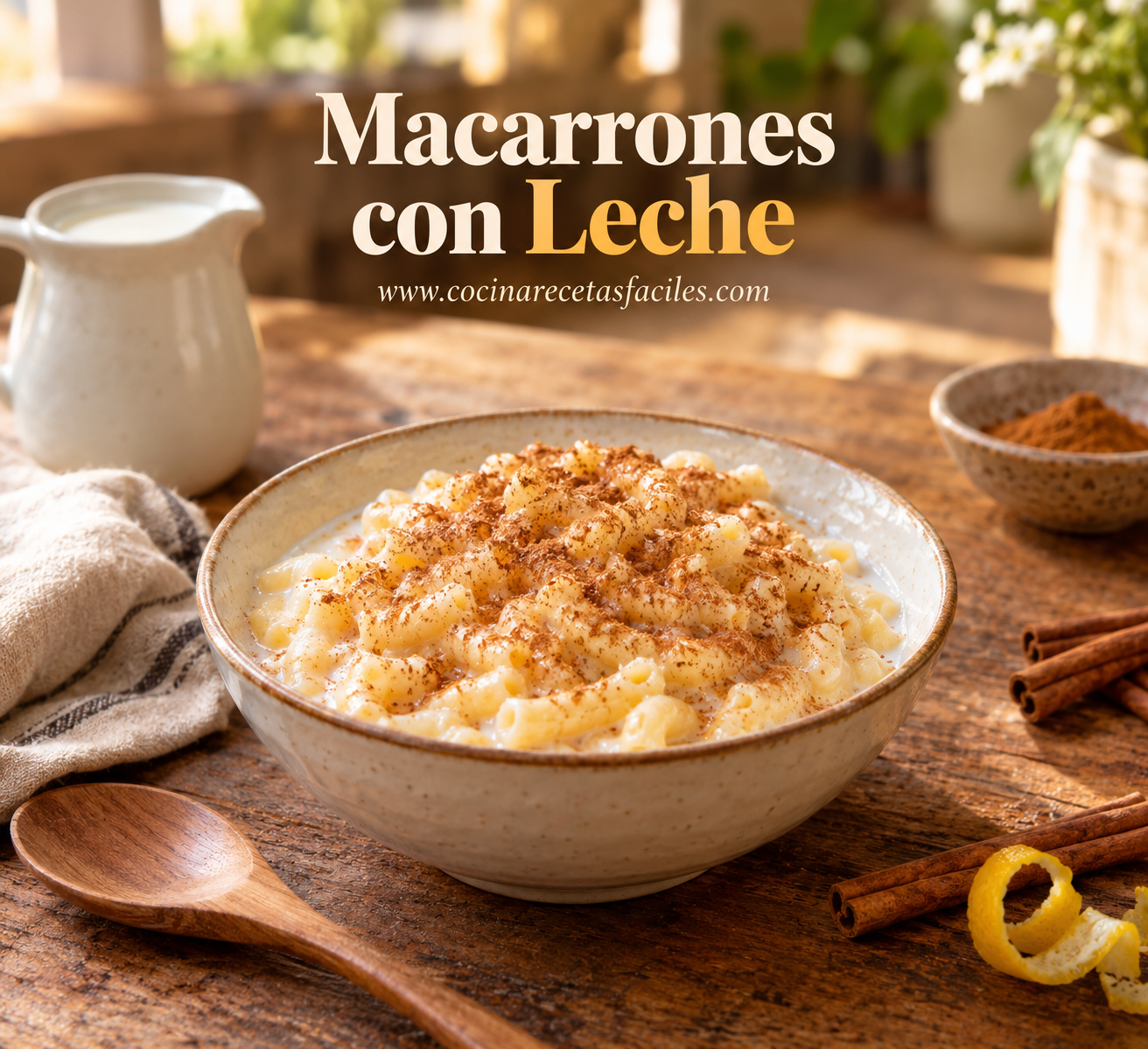 Bowl de macarrones con leche cremosos, espolvoreados con canela, receta casera fácil paso a paso
