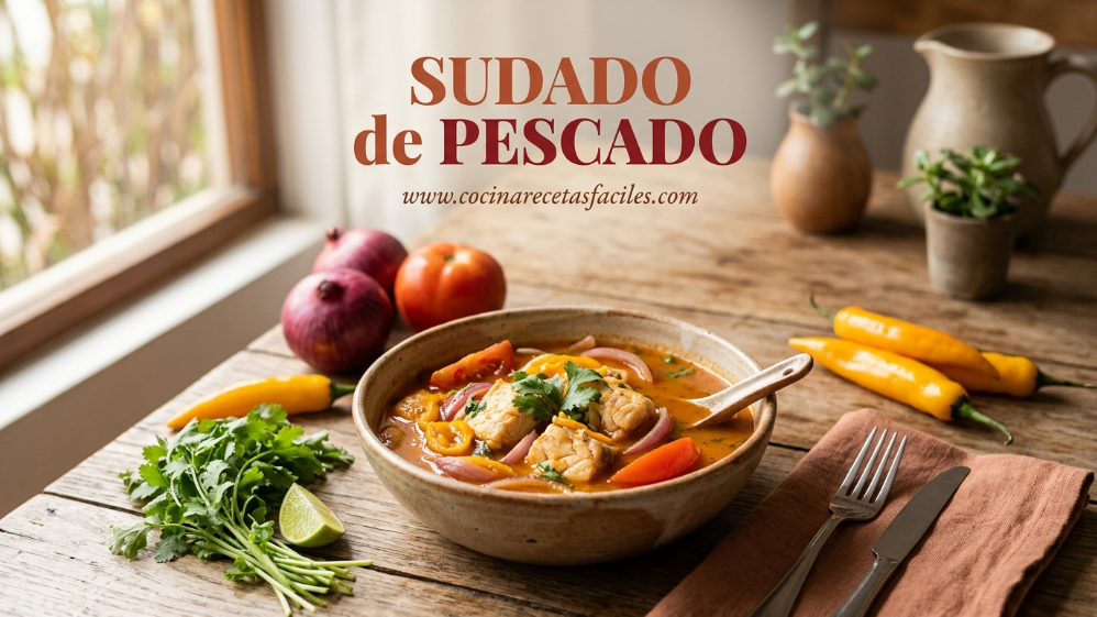 Sudado de pescado cabrilla servido en plato hondo con caldo de tomate y ají, receta peruana casera