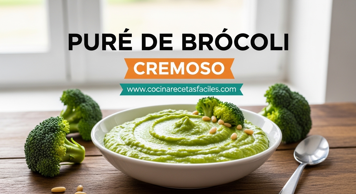 Puré de brócoli cremoso servido en bowl blanco con piñones tostados, queso parmesano y aceite de oliva, sobre mesa rústica de madera