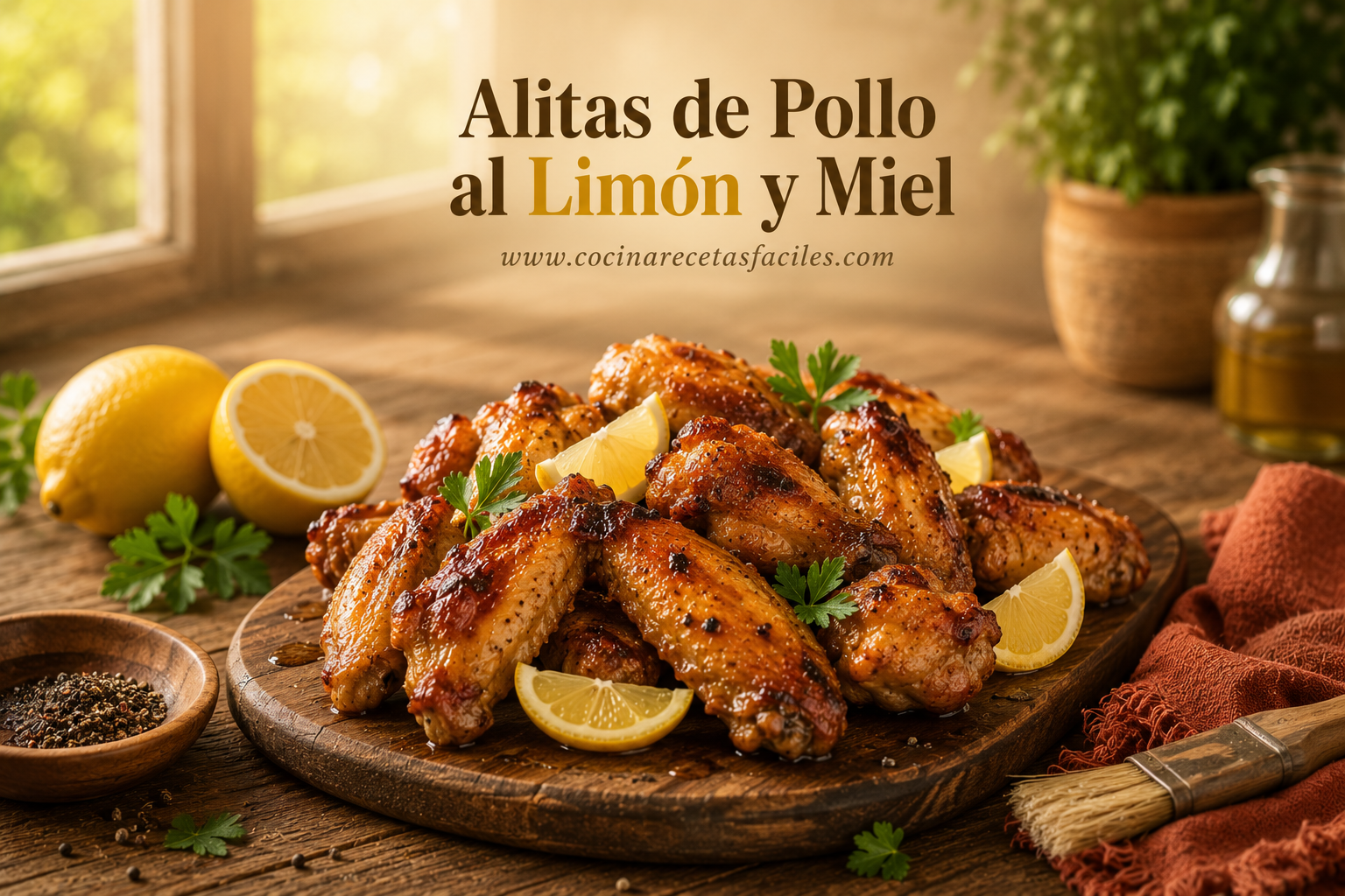 Alitas de pollo marinadas con limón, ajo y especias, doradas y crujientes recién salidas del horno, servidas sobre tabla de madera con rodajas de limón