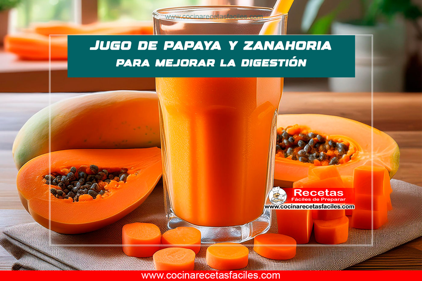 "Jugo de papaya y zanahoria servido en un vaso alto sobre una mesa de madera con mantel, en una cocina con ventana iluminada por luz natural"