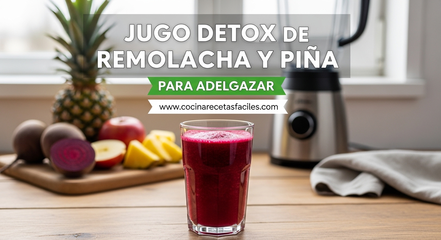 Vaso alto de jugo detox de remolacha y piña con color rojo vibrante, decorado con menta fresca, sobre mesa de madera rústica con ingredientes naturales