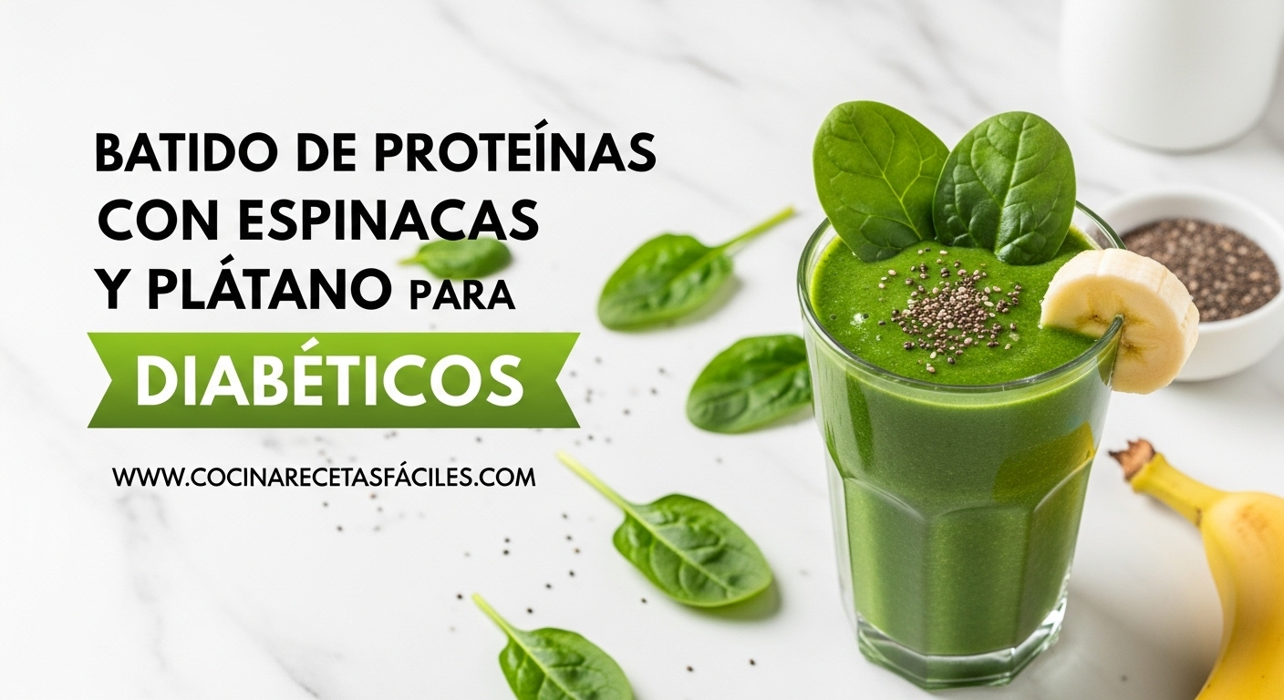 Batido verde de proteínas con espinacas y plátano en vaso alto, ideal para personas con diabetes