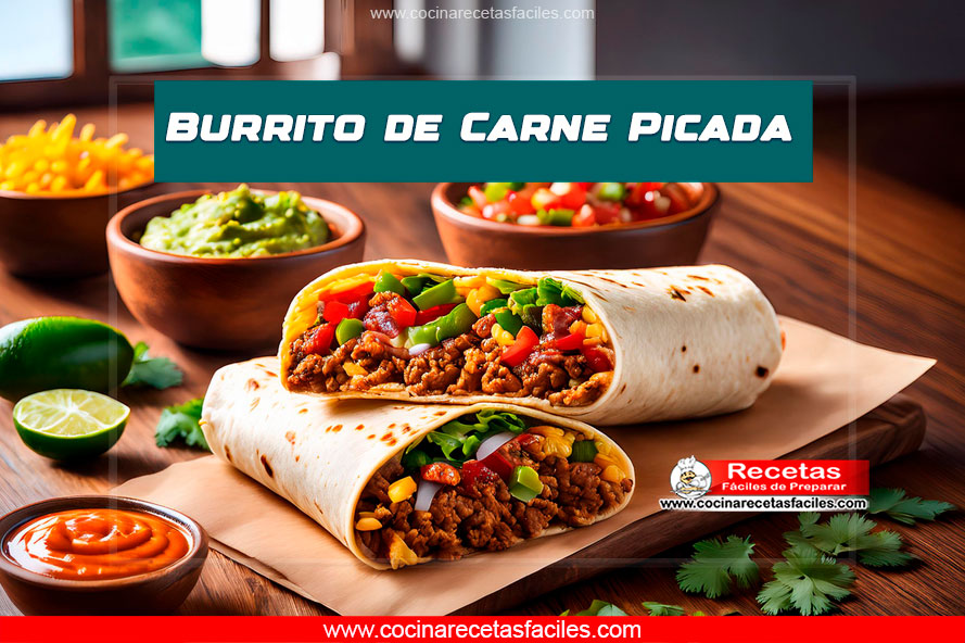 Burrito de carne picada con arroz y vegetales frescos, cortado a la mitad
