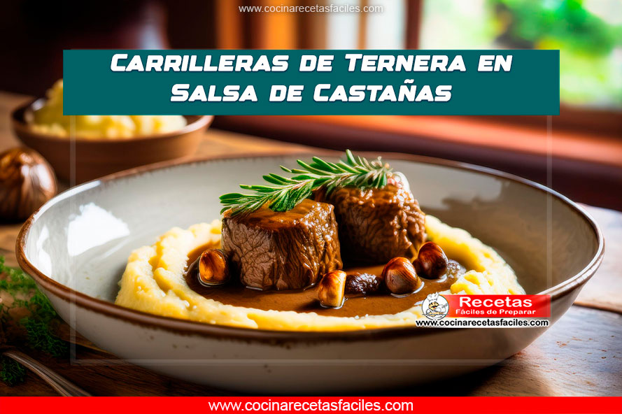 Carrilleras de ternera en salsa de castañas acompañadas de puré de patatas y decoradas con ramitas de romero.