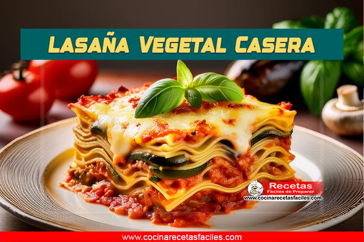 Lasaña vegetal con capas de verduras, salsa de tomate y queso gratinado en una fuente sobre una mesa de madera.