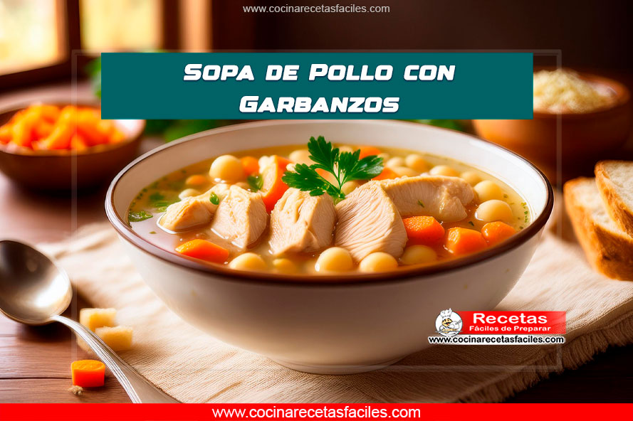 Tazón de sopa de pollo con garbanzos sobre una mesa de madera