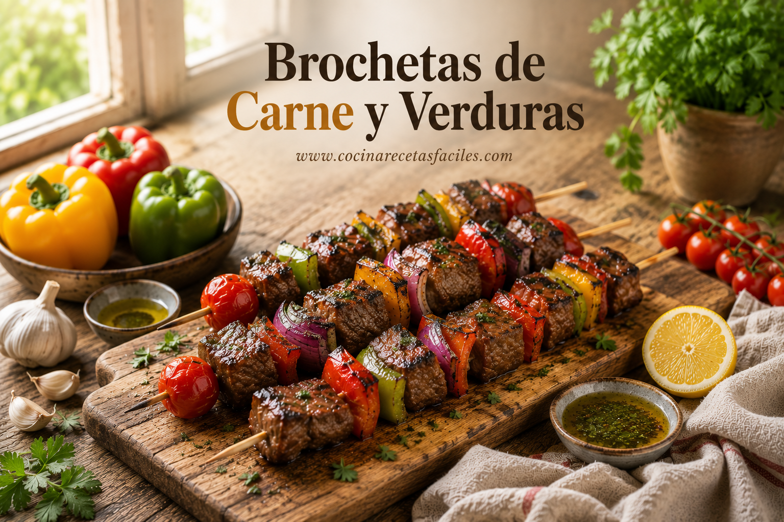 Brochetas de carne y verduras a la parrilla con pimiento, cebolla y tomate cherry, receta casera fácil