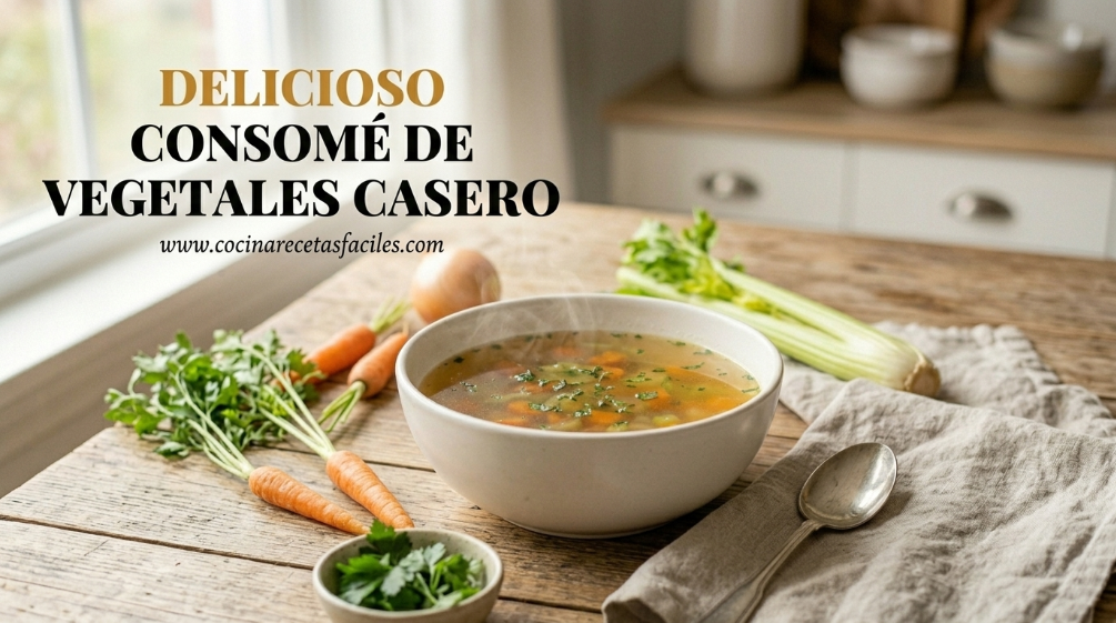 Consomé de verduras casero servido en tazón blanco con zanahoria y hierbas frescas, receta fácil