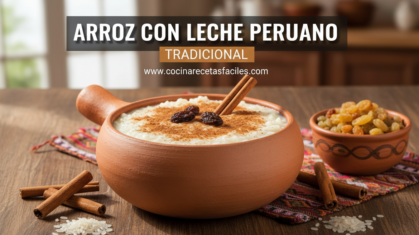 Arroz con leche peruano cremoso servido en olla de barro artesanal color terracota, decorado con canela en polvo, pasas y rama de canela, rodeado de ingredientes tradicionales sobre mesa de madera