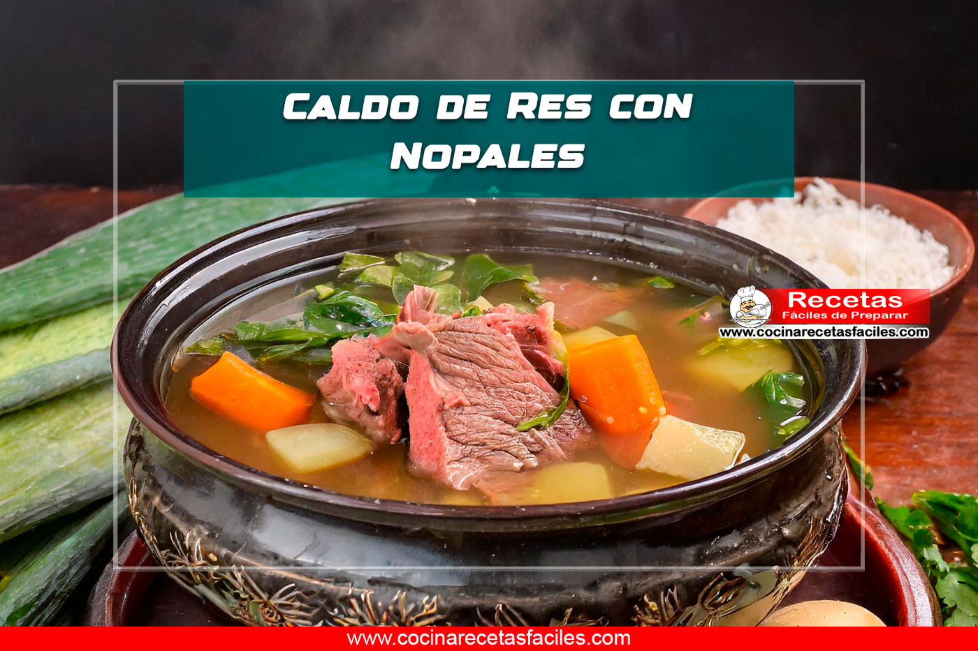 "Esta imagen representa el delicioso Caldo de Res con Nopales, una sopa reconfortante y nutritiva que combina la carne tierna de res con los nutritivos nopales y una variedad de verduras. En el tazón se puede apreciar el caldo caliente, con trozos tiernos de carne de res, nopales, zanahorias, papas, ejotes, calabacitas y apio, creando una combinación perfecta de sabores y texturas. Junto al tazón, hay un plato con arroz blanco, listo para ser disfrutado como acompañamiento. Esta sopa es una opción reconfortante y nutritiva para cualquier ocasión."