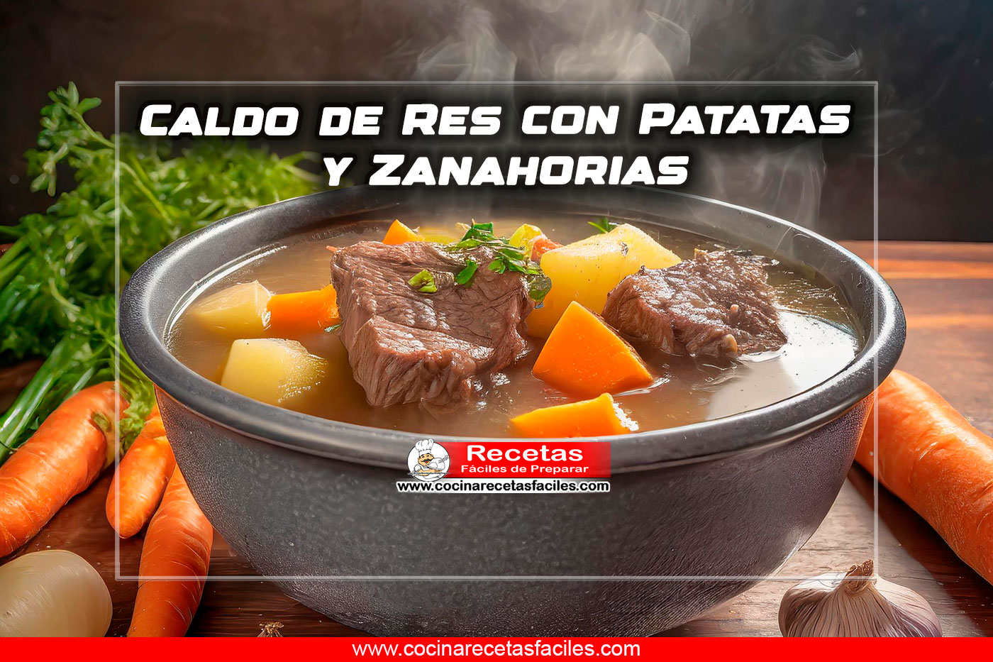 "Tazón humeante de caldo de res con patatas y zanahorias, trozos de carne tierna y vegetales frescos. Un plato reconfortante y sustancioso para disfrutar en cualquier ocasión."