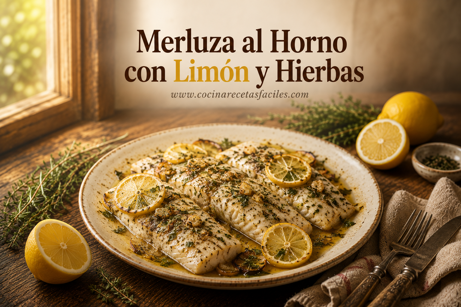 Filetes de merluza al horno con limón y hierbas frescas, receta fácil y saludable servida en fuente rústica