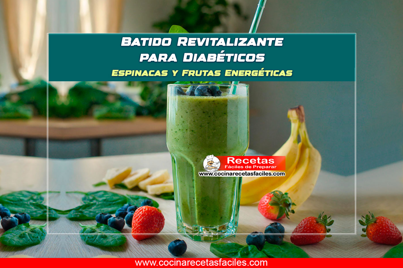 "Imagen de un batido revitalizante para diabéticos con espinacas y frutas frescas en un vaso alto. La bebida tiene una mezcla suave y homogénea de color verde claro, decorada con una hoja de espinaca y algunas fresas enteras en la parte superior. El vaso está colocado sobre una mesa de madera clara en un ambiente interior."