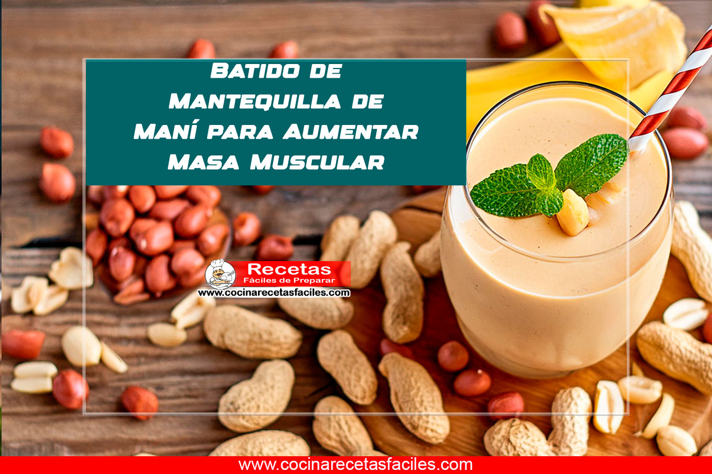 "Batido de mantequilla de maní con trozos de plátano, presentado en un vaso de cristal sobre una superficie de madera."