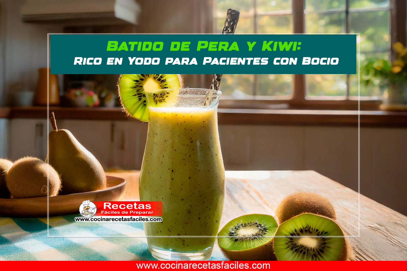 Batido de Pera y Kiwi en vaso alto, decorado con rodajas de kiwi y hojas de menta.
