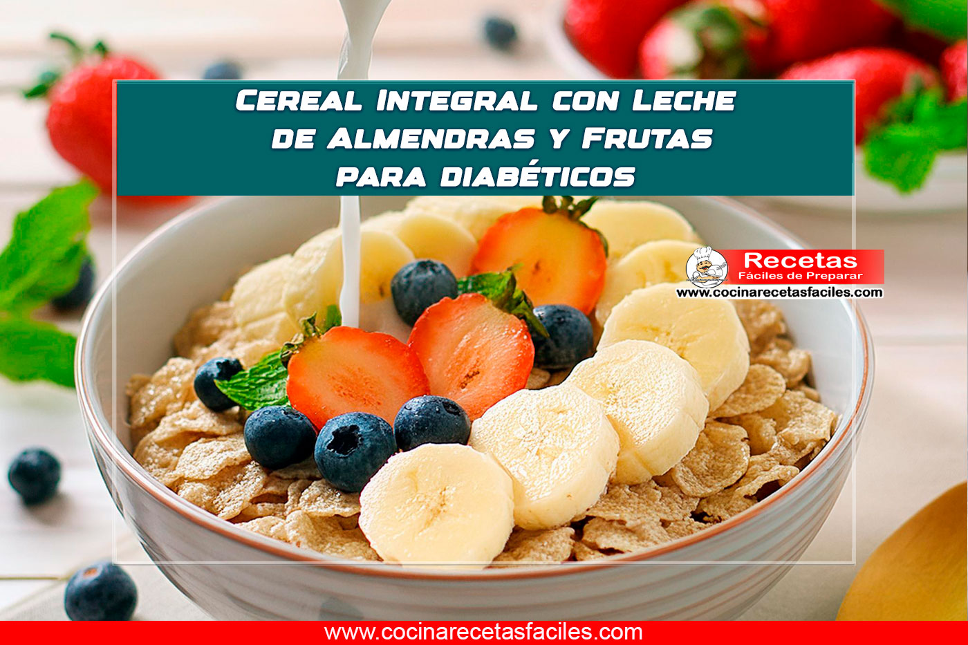 "Imagen de un tazón de cereal integral con leche de almendras y frutas frescas, colocado sobre una mesa de desayuno en un entorno de cocina o comedor."