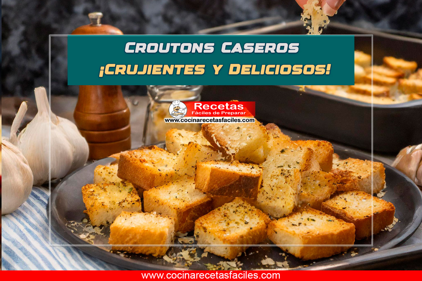 Imagen de croutons caseros listos para comer en una fuente, con un aspecto dorado y crujiente.