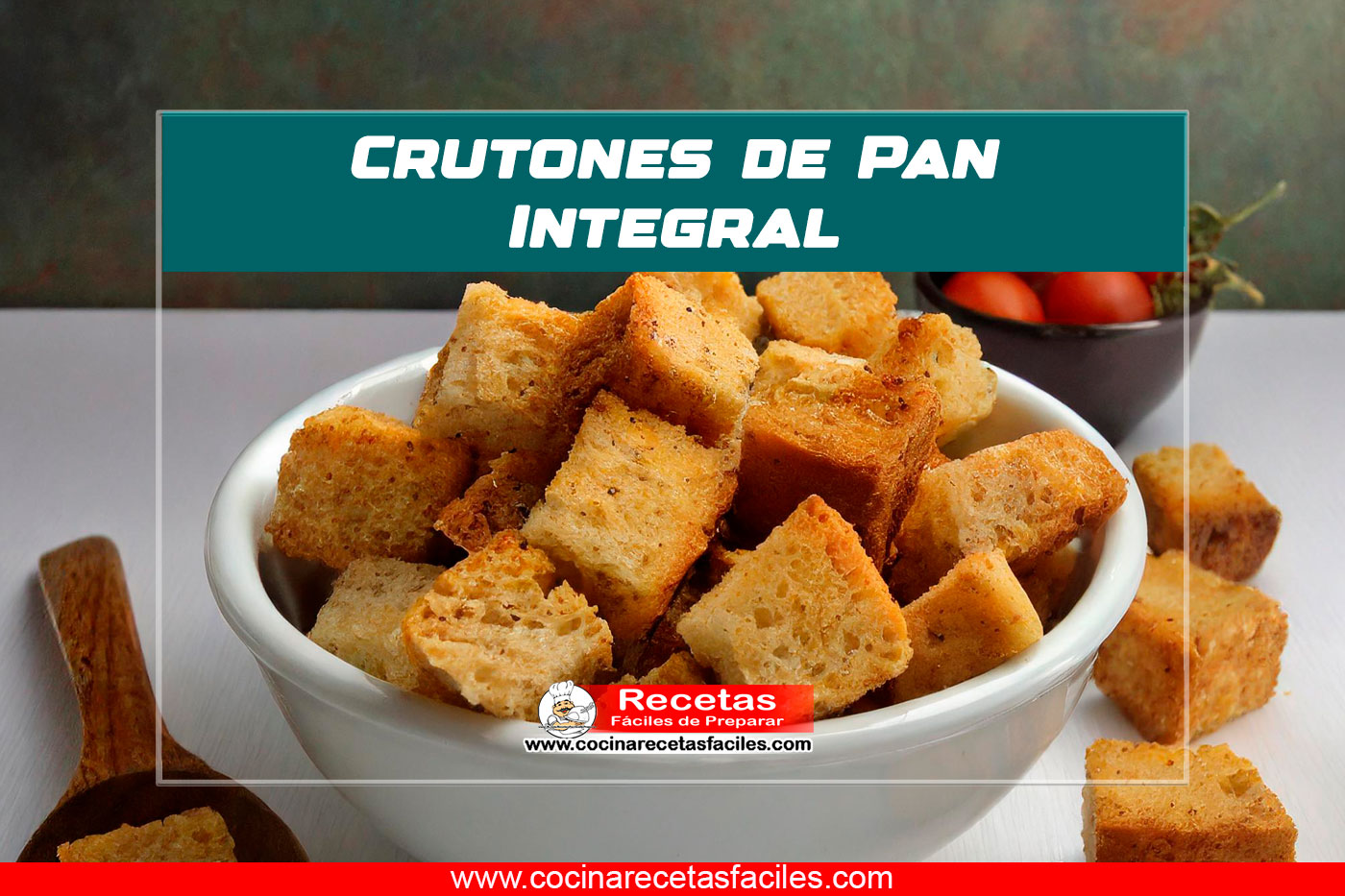 "Cuenco blanco con crutones de pan integral crujientes y dorados, acompañados de una ensalada verde con tomates cherry y un recipiente con aceite de oliva."