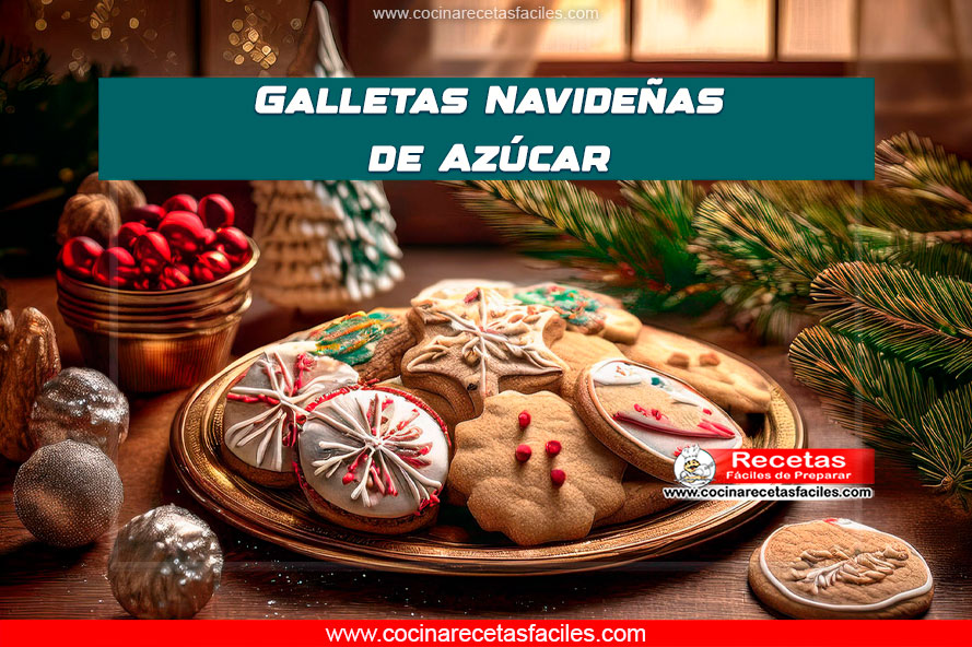 "Galletas navideñas de azúcar decoradas con glaseado de colores y chispas festivas sobre una bandeja navideña."