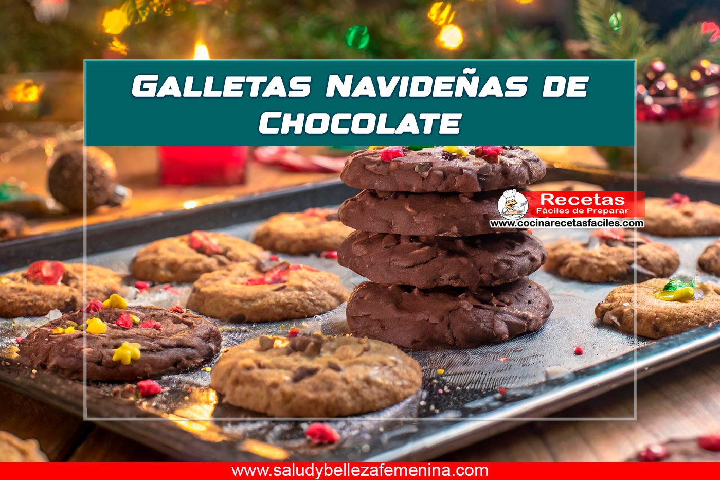 "Galletas navideñas de chocolate decoradas con azúcar glas, presentadas en una bandeja de hornear."