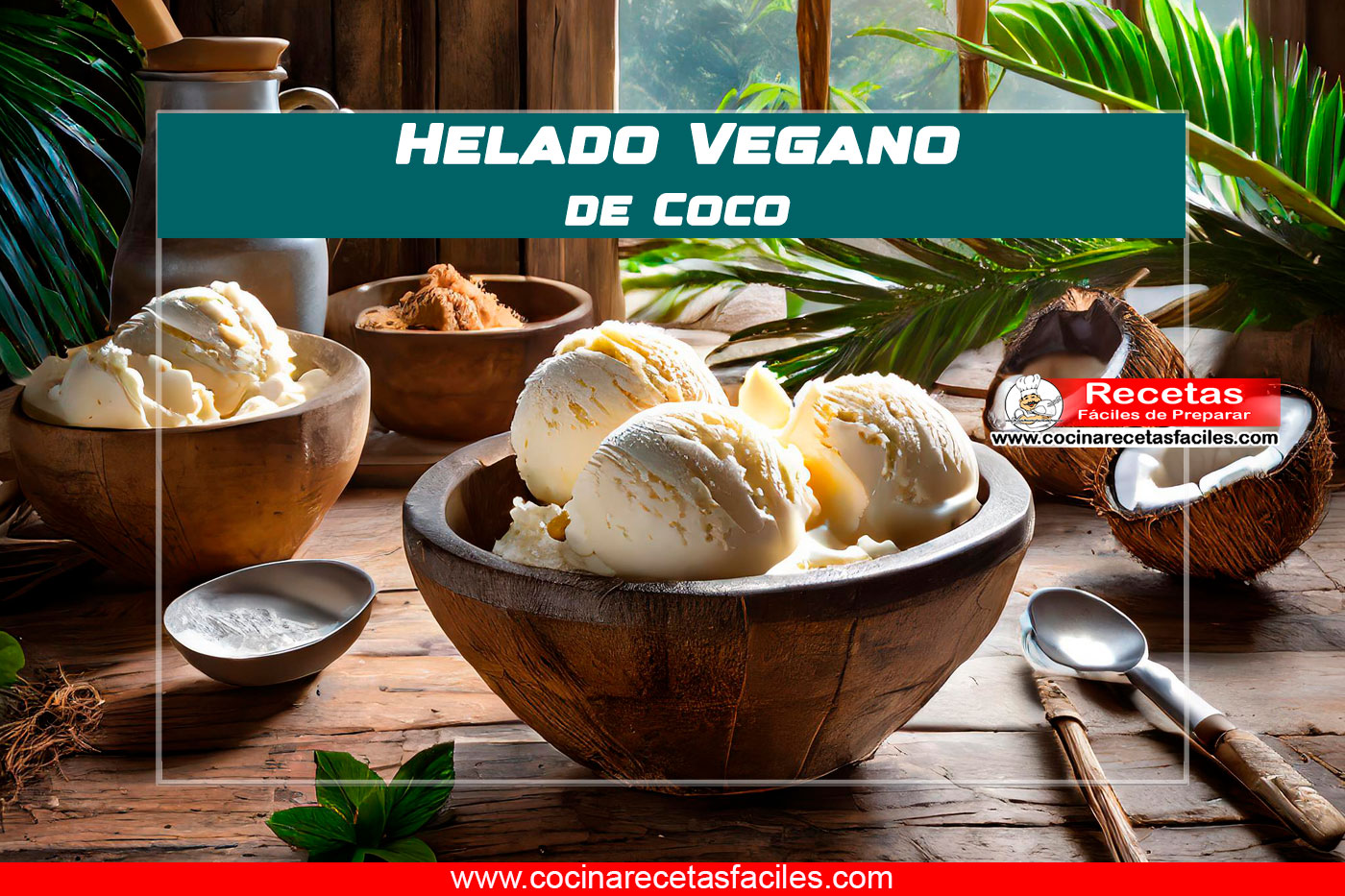 Helado vegano de coco servido en cuencos individuales, decorado con fruta fresca, nueces y hojuelas de coco tostado, en una cocina luminosa y moderna.
