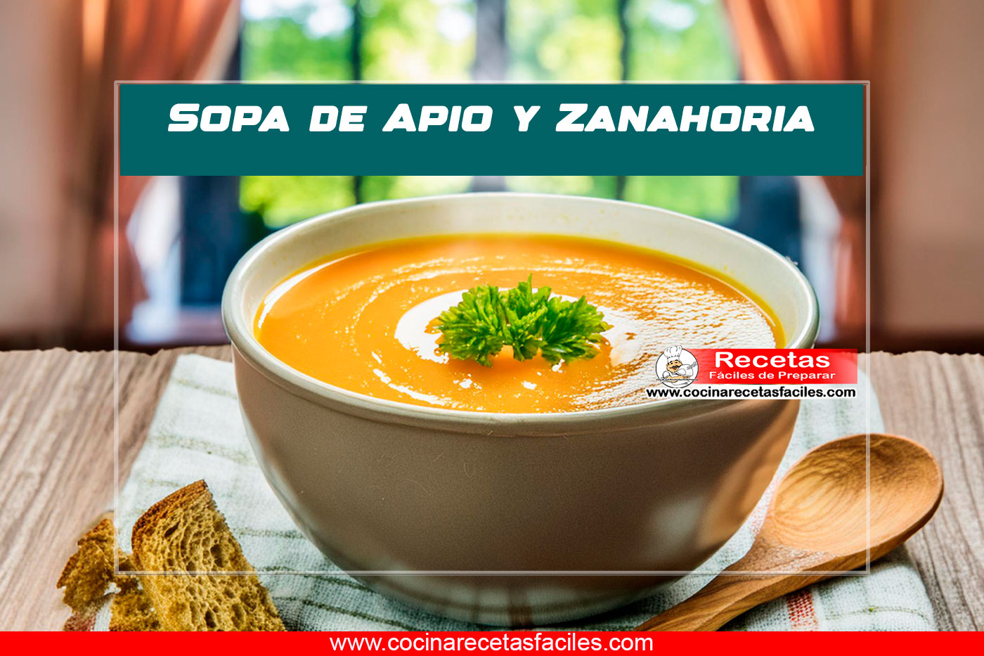 Tazón de sopa de apio y zanahoria con perejil fresco y pan tostado.
