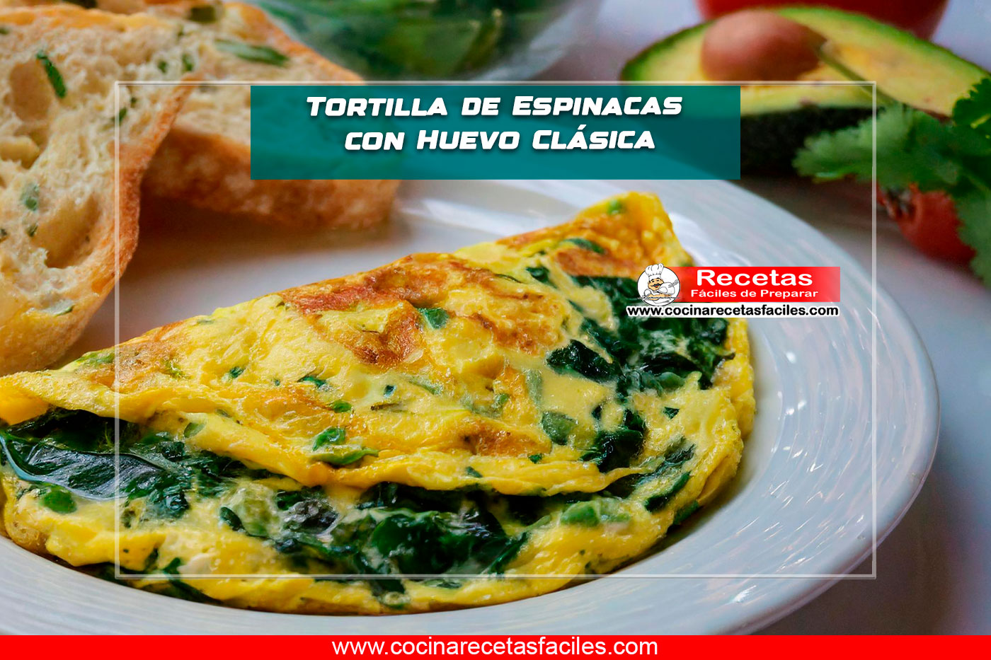 "Tortilla de espinacas con huevo servida en un plato blanco, acompañada de ensalada de tomate y aguacate y rebanadas de pan integral tostado, decorada con queso fresco desmenuzado."