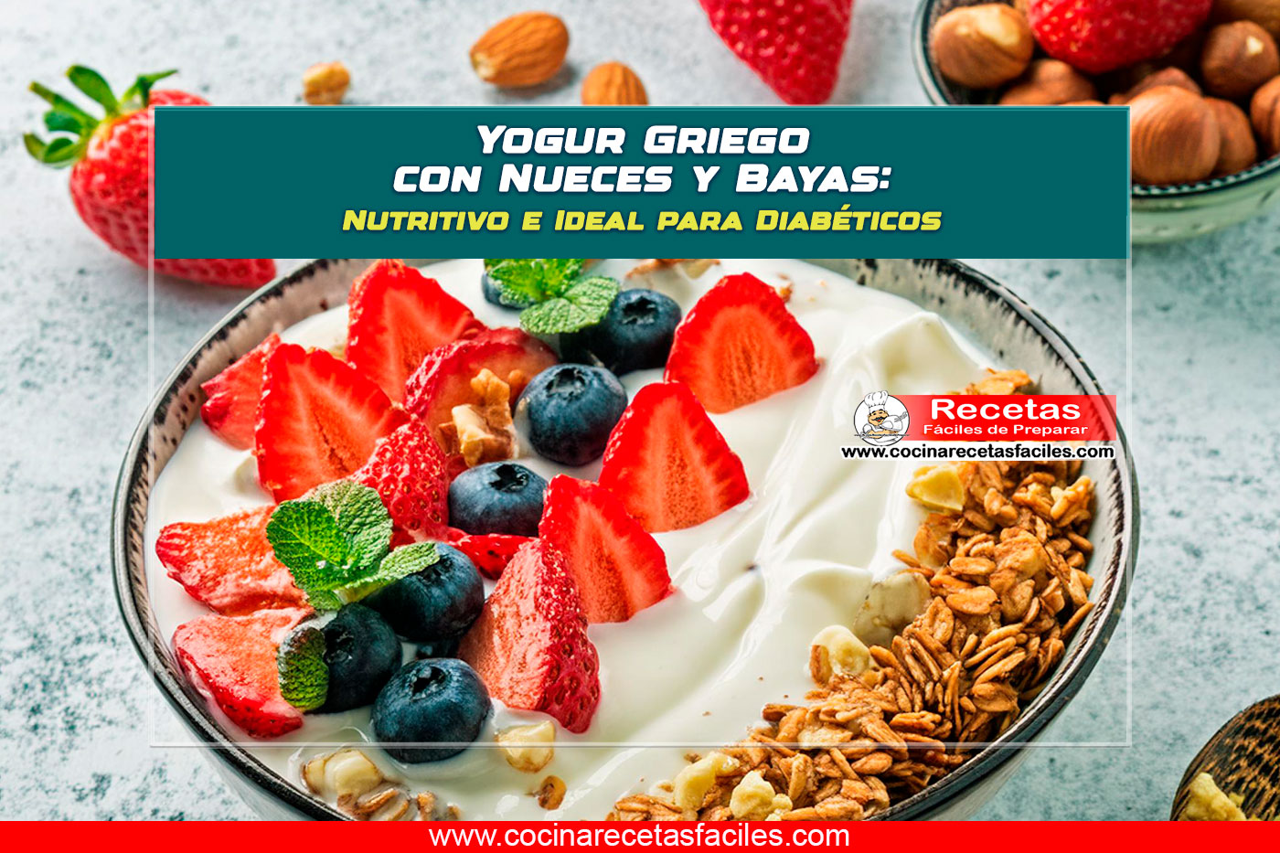 "Imagen de un tazón de yogur griego con nueces y bayas: nueces picadas, fresas, arándanos y frambuesas sobre una mesa luminosa."