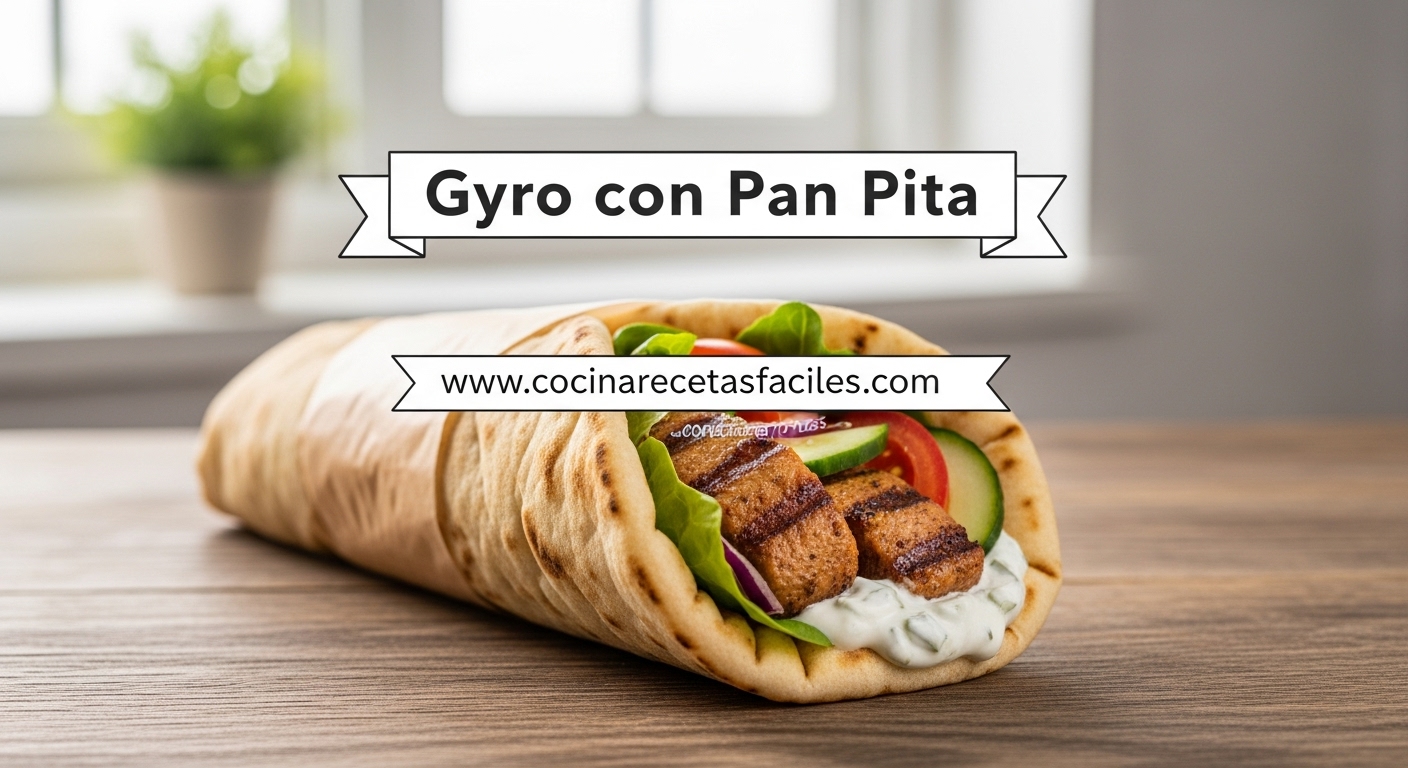 Gyro griego casero recién preparado con carne marinada, verduras frescas y salsa tzatziki envuelto en pan pita sobre mesa rústica de madera