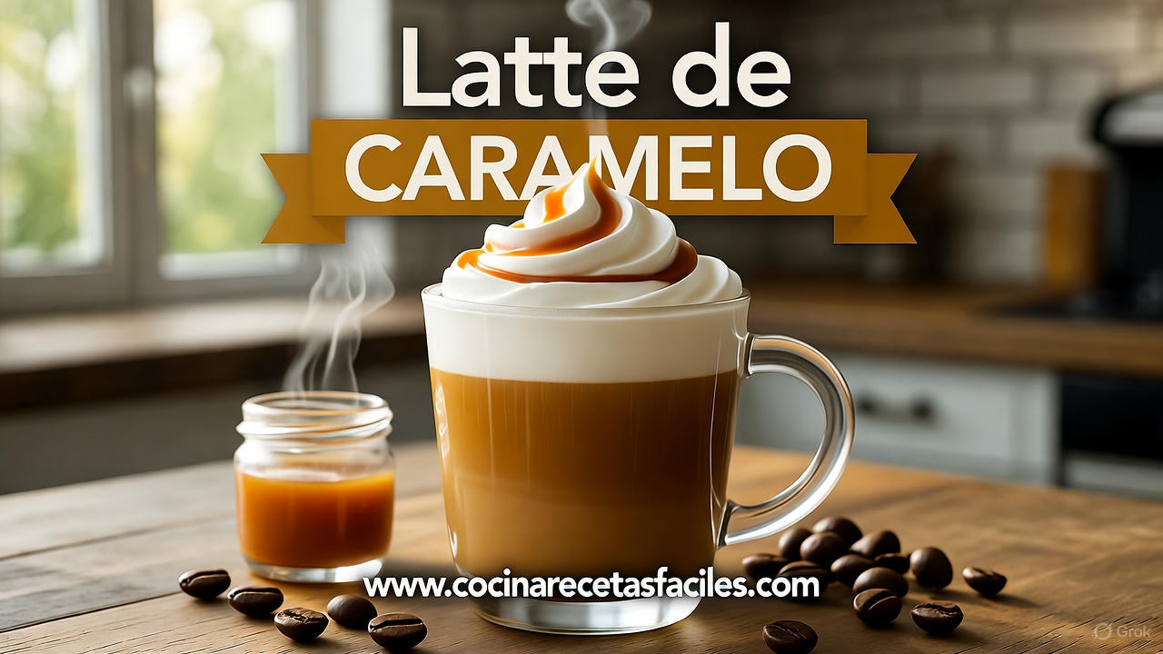 Latte de caramelo casero en vaso de vidrio sobre mesa de madera con espuma cremosa y salsa de caramelo decorativa, preparado con receta fácil