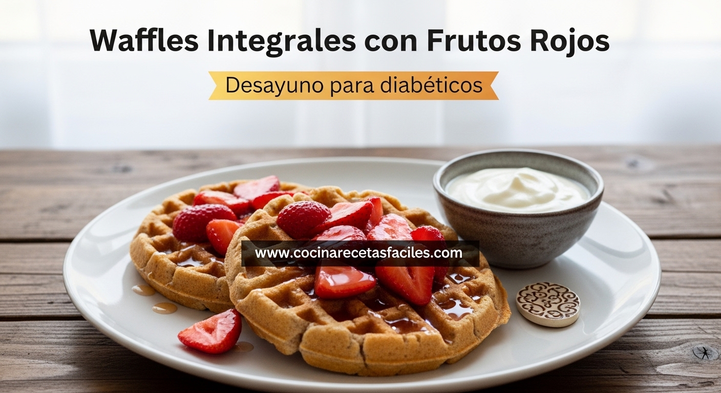 Waffles integrales dorados y esponjosos, cubiertos con rodajas de fresas en almíbar, servidos en un plato blanco junto a un pequeño bol de yogur natural descremado, sobre una encimera de madera rústica con luz natural.