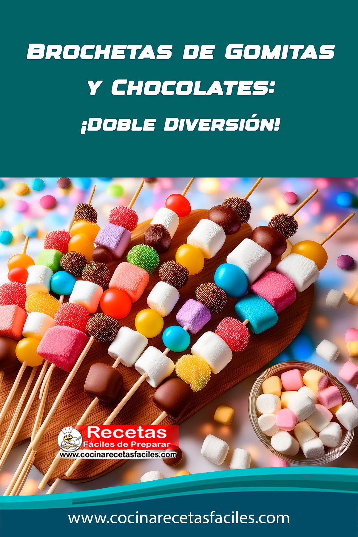 Brochetas de gomitas coloridas con trozos de chocolate y mini malvaviscos en una mesa festiva.