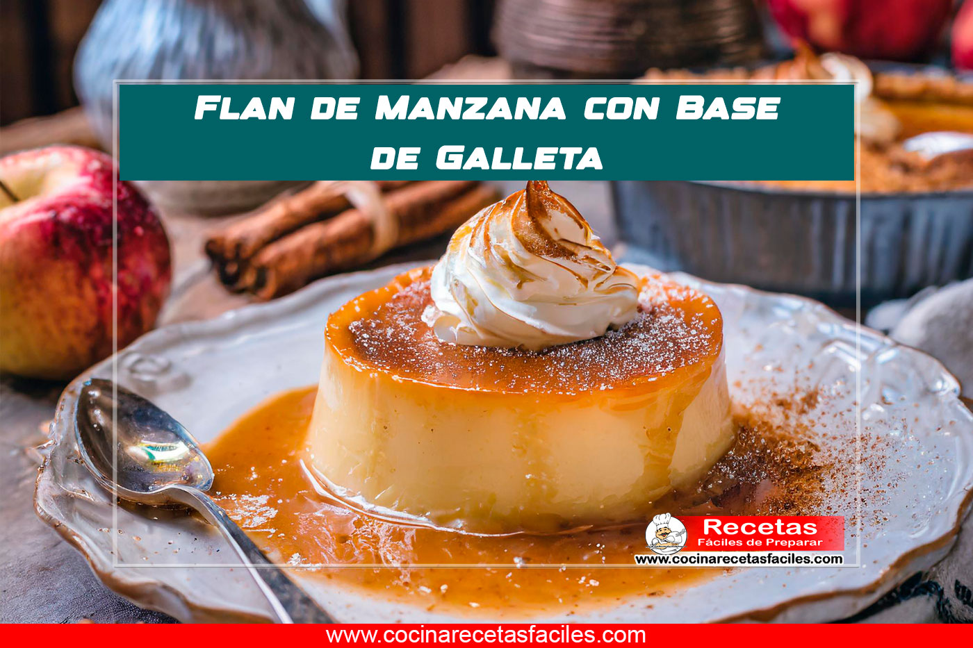 Flan de manzana con base de galleta y caramelo