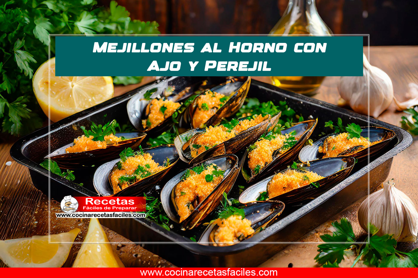Plato de mejillones al horno con ajo y perejil, servido en una mesa de madera en una cocina.