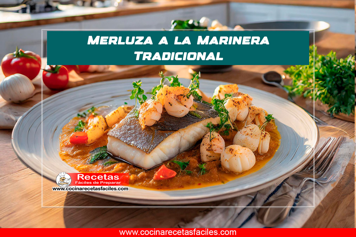 Merluza a la Marinera Tradicional en una cocina luminosa.
