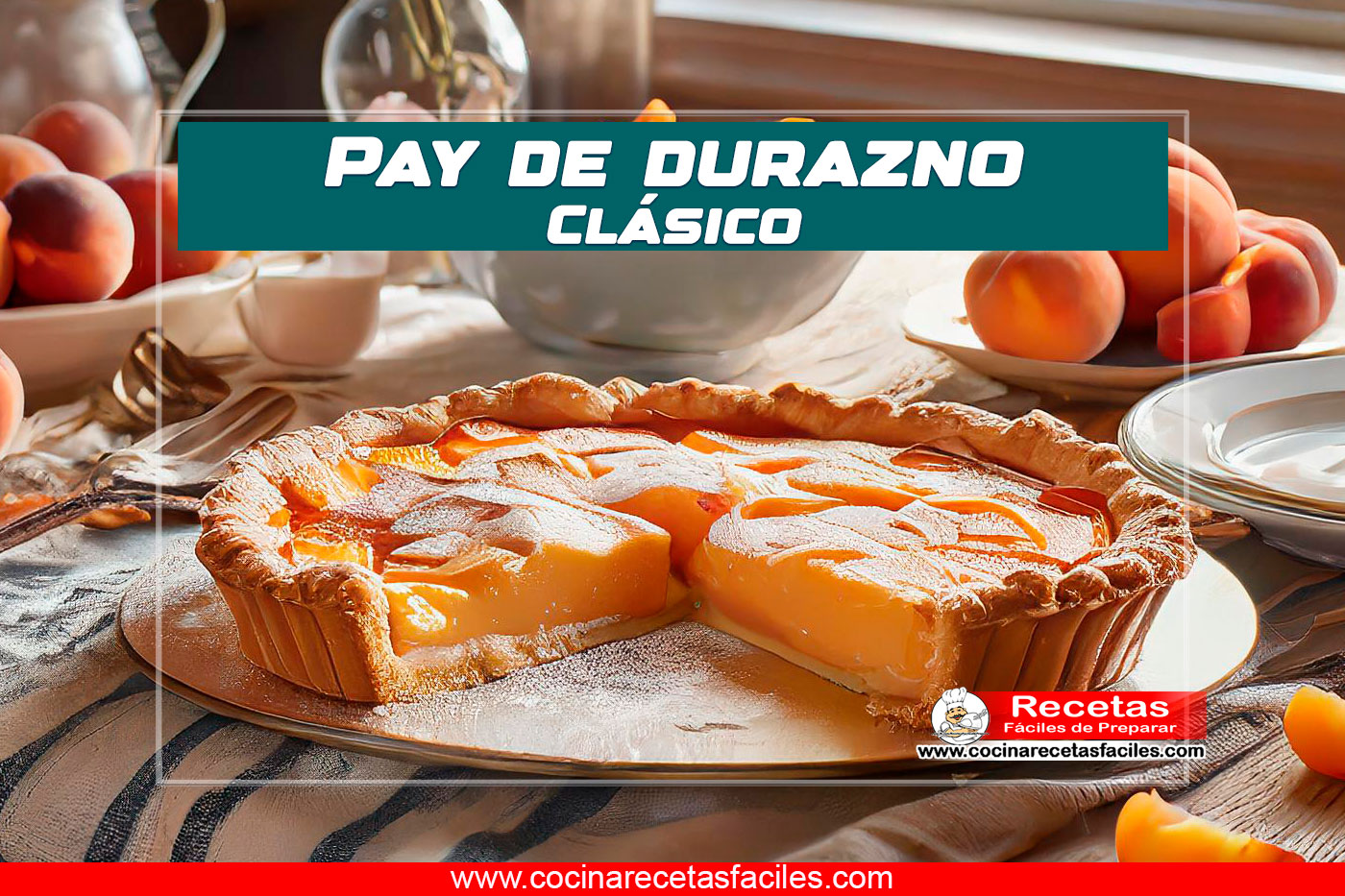 "Pay de durazno clásico con una base de galleta dorada solo en el fondo y cobertura de merengue sobre una mesa acogedora en una cocina con ventana, mostrando un pedazo cortado."