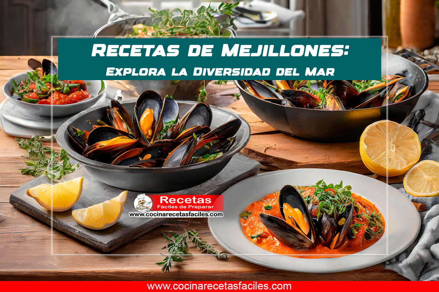 Variedad de platos de mejillones en una mesa de madera en una cocina, incluyendo mejillones al vapor, mejillones a la marinera, mejillones fritos, mejillones gratinados y ensalada de mejillones.