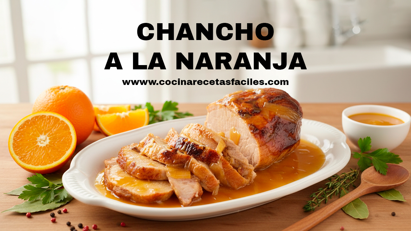 Plato de chancho a la naranja cortado en rebanadas jugosas con salsa de naranja caramelizada, servido en plato blanco sobre mesa de madera rústica, acompañado de naranjas frescas y hojas de laurel, fotografía profesional de comida casera latinoamericana