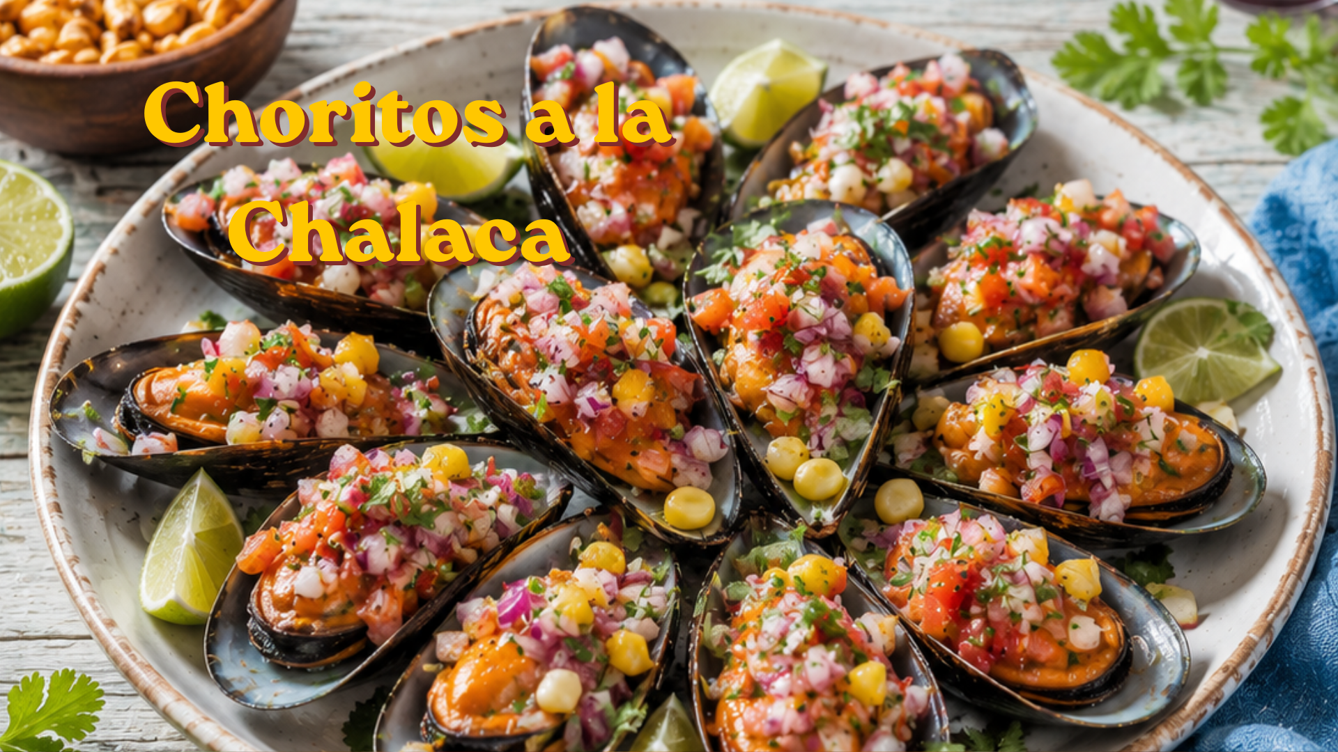 Choritos a la chalaca peruanos en plato blanco de cerámica, mejillones en su concha cubiertos con salsa chalaca colorida de cebolla morada, tomate, ají limo, choclo y cilantro, con gajos de limón alrededor