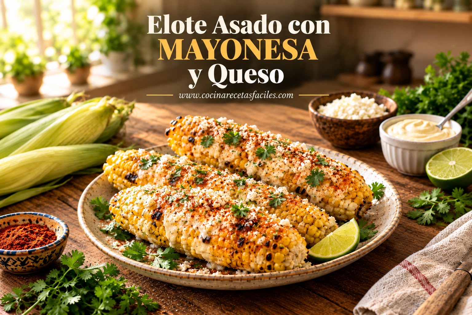 Elote asado con mayonesa cremosa y queso cotija espolvoreado, decorado con cilantro fresco y limón, sobre mesa de madera con luz natural, receta tradicional de comida callejera mexicana