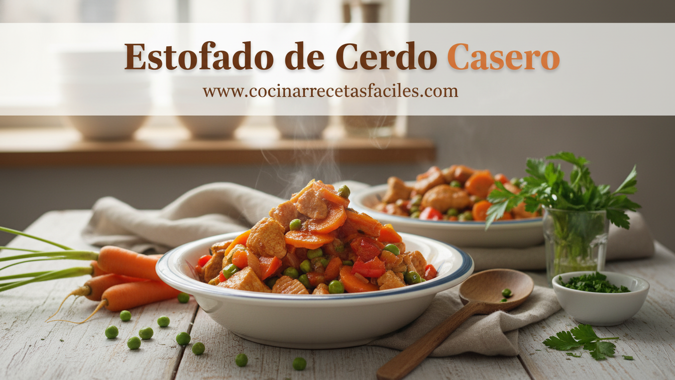 Estofado de cerdo casero servido en bowl blanco con trozos de carne tierna, zanahorias, pimientos rojos y arvejas en salsa de tomate, acompañado de ingredientes frescos sobre mesa de madera