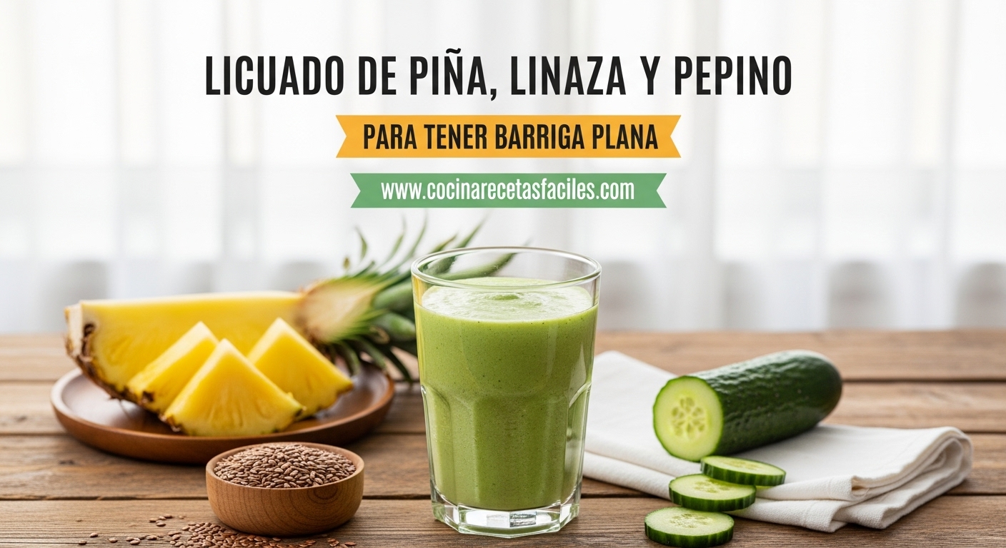 Vaso alto con licuado verde cremoso y suave de piña, linaza y pepino sobre mesa de madera, rodeado de ingredientes frescos y luz natural