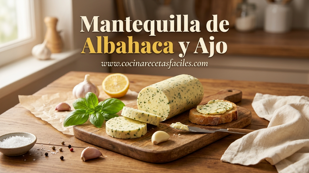 Rollo de mantequilla casera de albahaca y ajo cortado en rodajas sobre una tabla de madera, con pan tostado, hojas de albahaca fresca, dientes de ajo, limón y servilleta de lino junto a una ventana