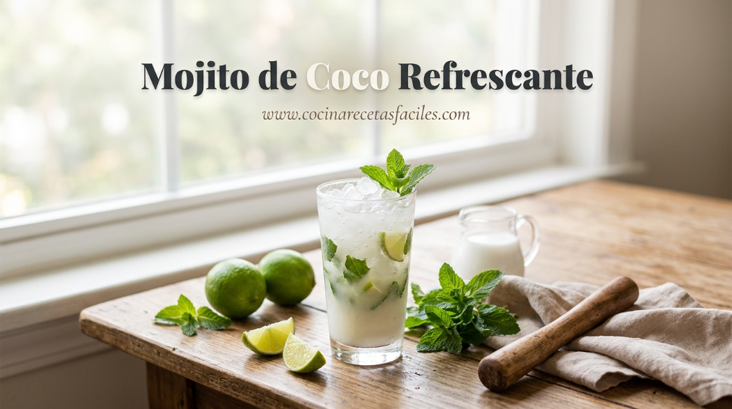 Vaso de mojito de coco con hielo picado, hojas de menta fresca y rodajas de limón, sobre mesa de madera junto a ventana con luz natural