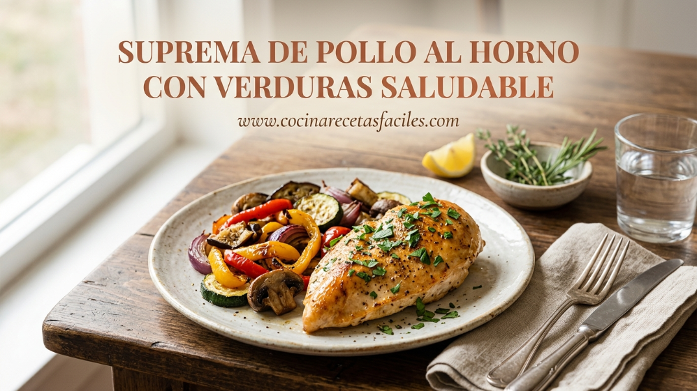 Suprema de pollo al horno dorada con verduras asadas (pimiento, calabacín, berenjena y champiñones), plato saludable ideal para diabéticos, servido en mesa de madera junto a ventana con luz natural