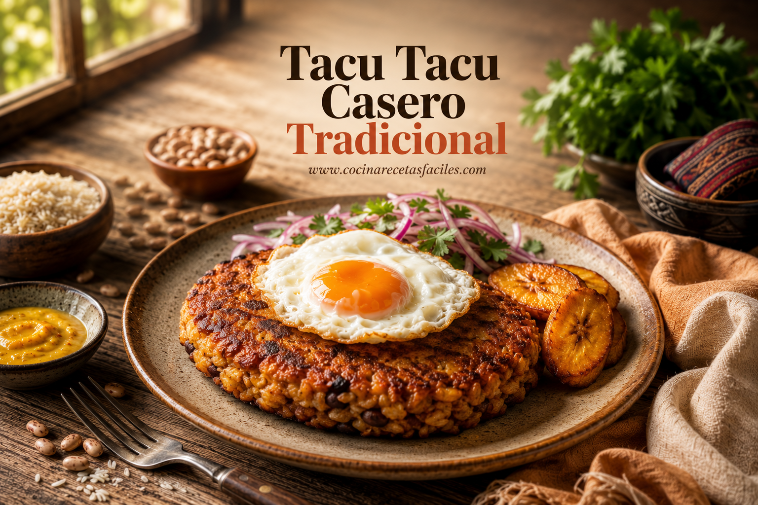 Tacu tacu casero tradicional peruano crujiente con huevo frito y plátano, receta fácil paso a paso