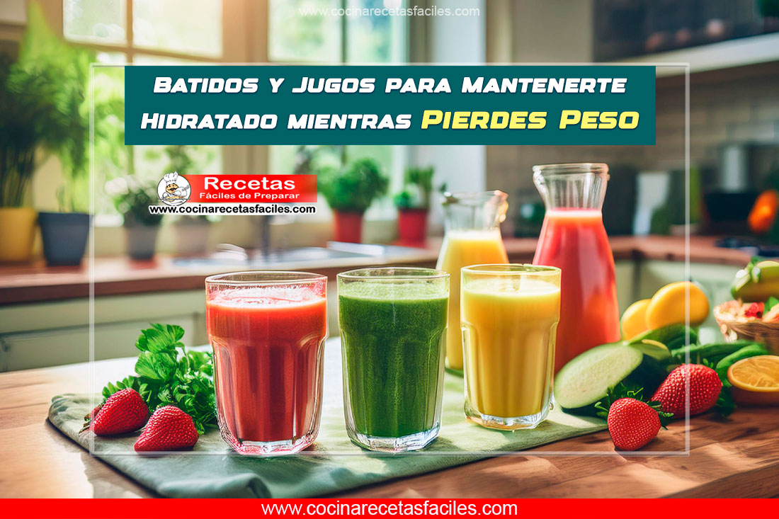 Varios vasos con batidos y jugos naturales hidratantes en una cocina iluminada