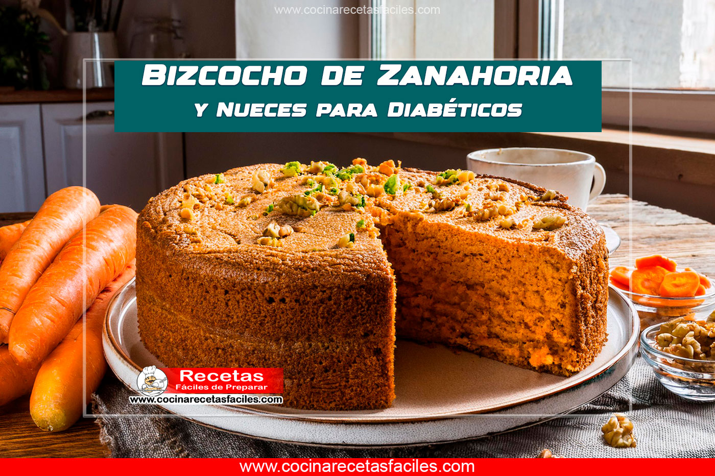 Bizcocho de zanahoria y nueces, decorado con nueces picadas y espolvoreado con canela en polvo.