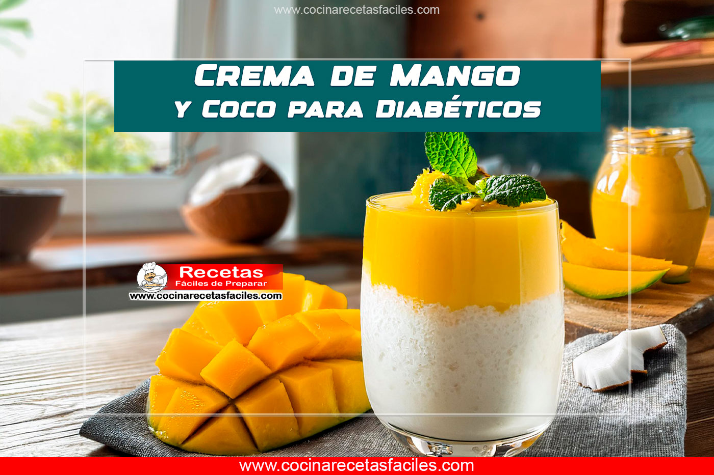 Vaso de crema de mango y coco, decorado con hojuelas de coco y menta fresca, servido en una mesa de madera